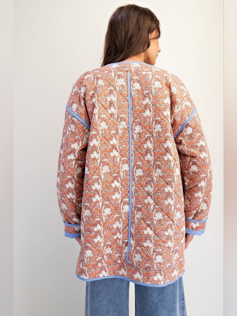 A5-0831 Easel Quilted Cotton Floral Fall Tie Front Jacket Coat - Picture 6 of 6